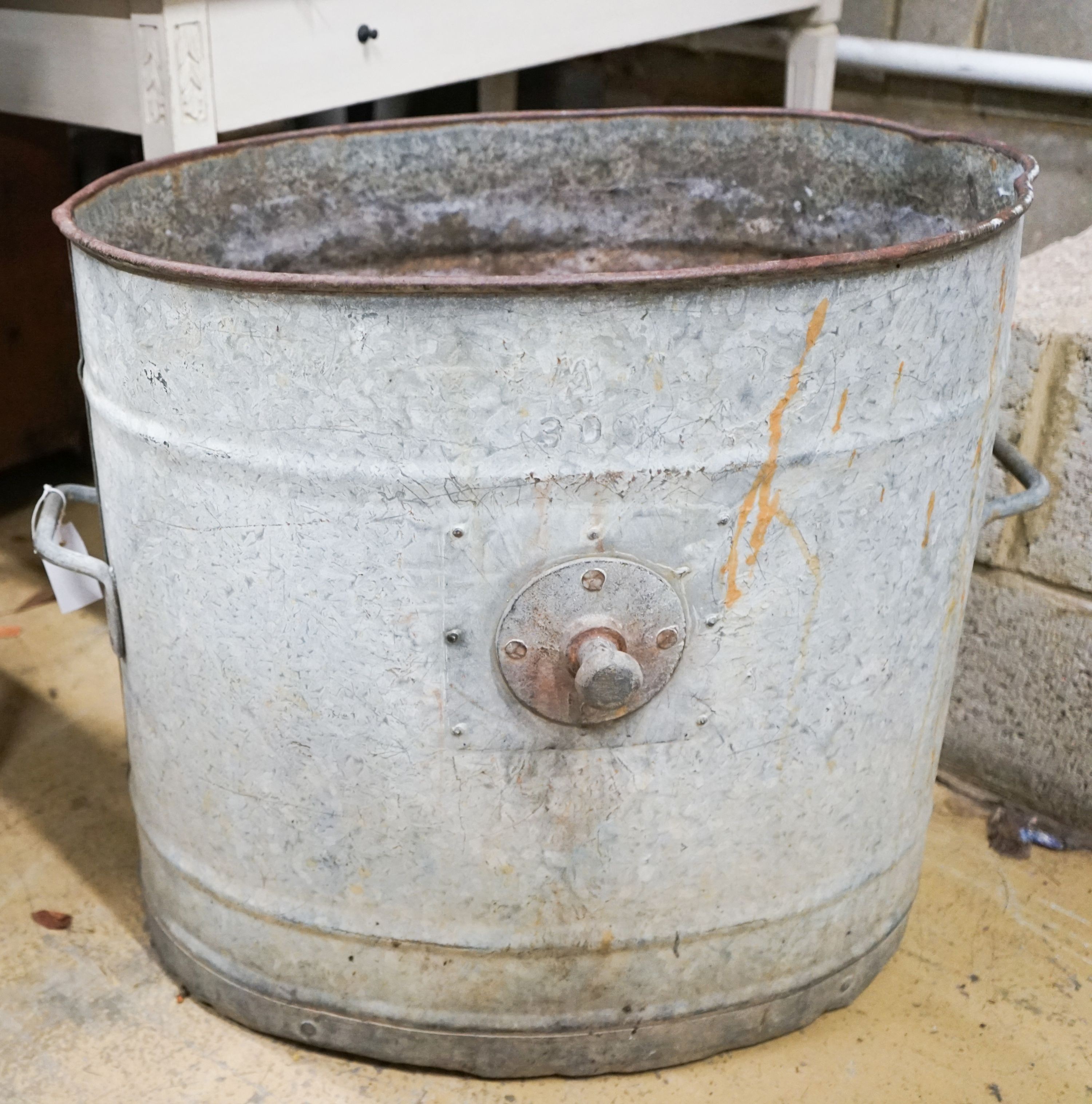 A galvanised metal tub, width 66cm height 60cm